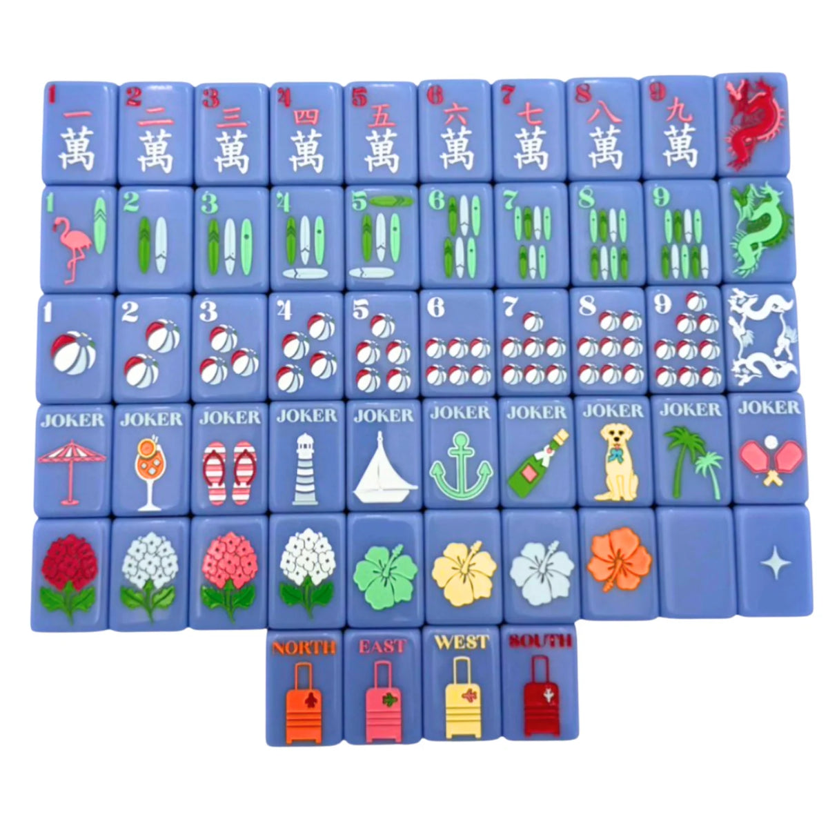 Bespoke x Gray Malin Mahjong Collection light blue tiles featuring colorful icons including beach items, flowers, and traditional Chinese characters.