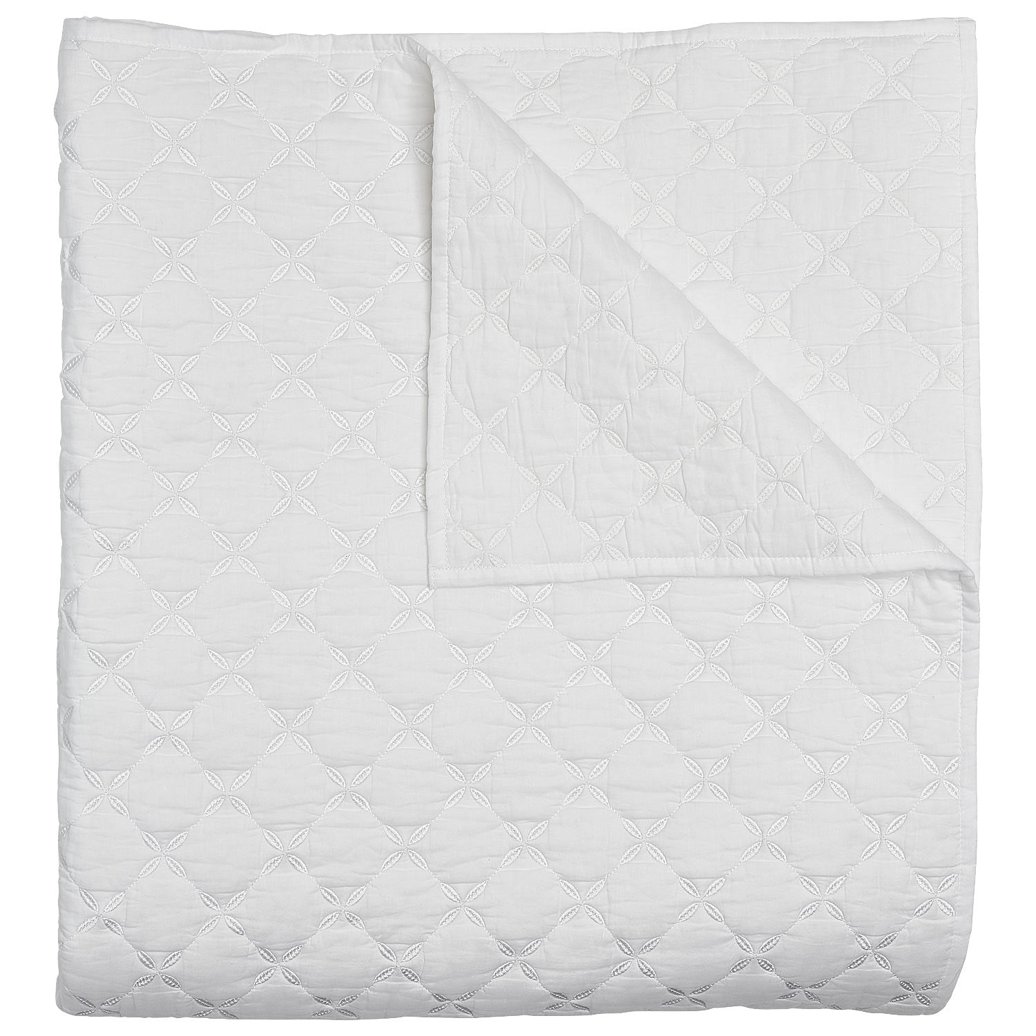 The Layla Bedding Collection by John Robshaw features a white cotton voile quilt adorned with a subtle geometric stitched pattern inspired by the intricate layouts of Mughal gardens, folded at one corner to reveal both its front and back—an elegant addition to your bedding ensemble.