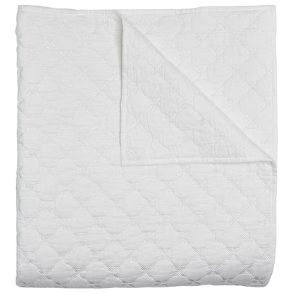 The Layla Bedding Collection by John Robshaw features a white cotton voile quilt adorned with a subtle geometric stitched pattern inspired by the intricate layouts of Mughal gardens, folded at one corner to reveal both its front and back—an elegant addition to your bedding ensemble.