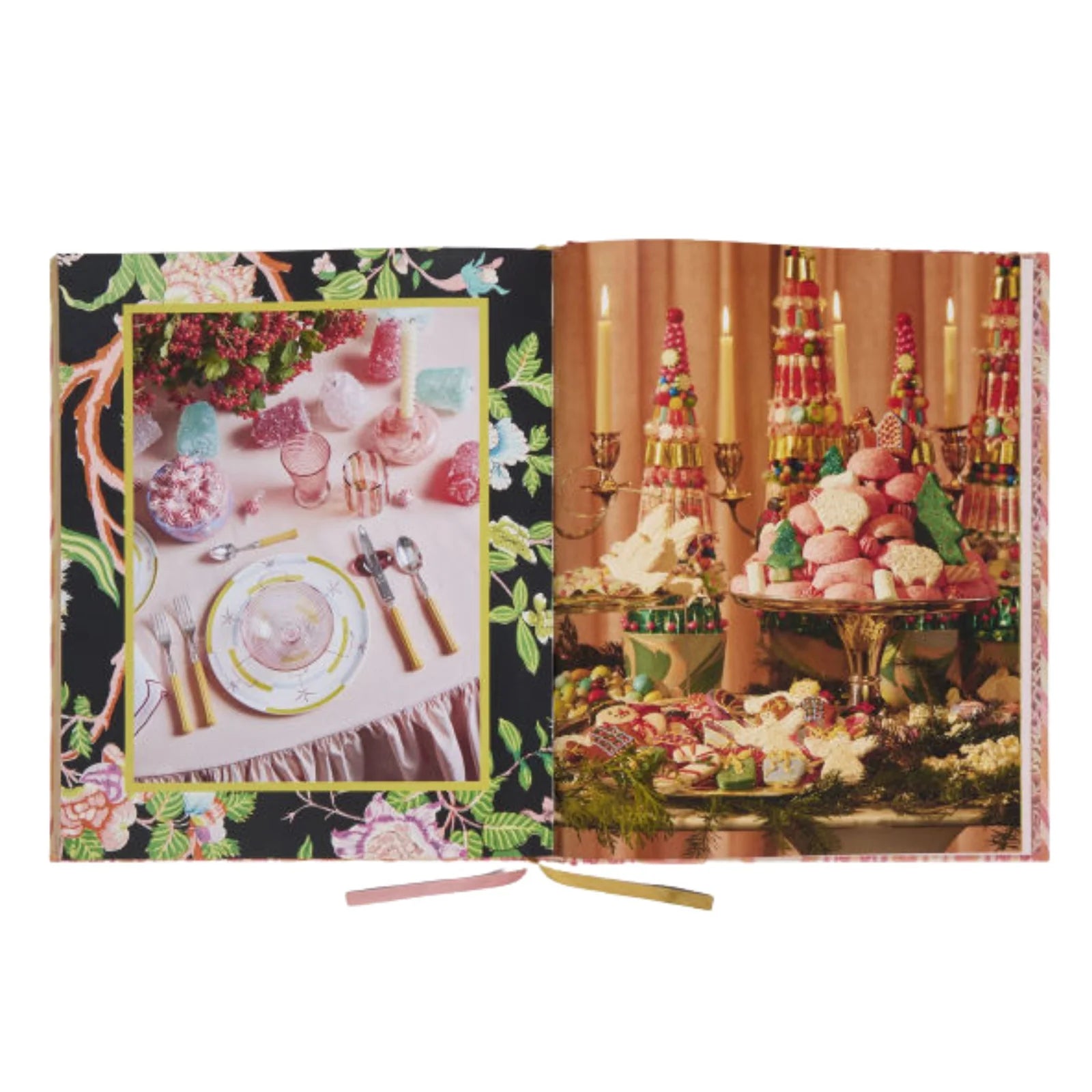 Open to "A Screaming Blast" by Rizzoli: left page shows a floral table setting with pink and gold details; right page displays a dessert table with retro desserts and candles, capturing a charming entertaining style.