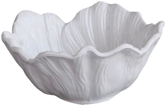Beatriz Ball Vida Lettuce Cereal Bowl Set: White luxury melamine bowl designed to resemble a ruffled leaf, isolated on a plain background.