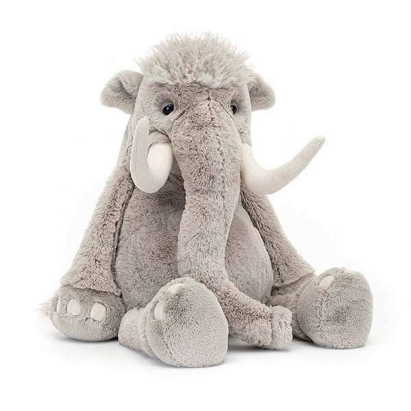 Jellycat Viggo Mammoth, a gray stuffed animal with long horns sitting on a white background.
