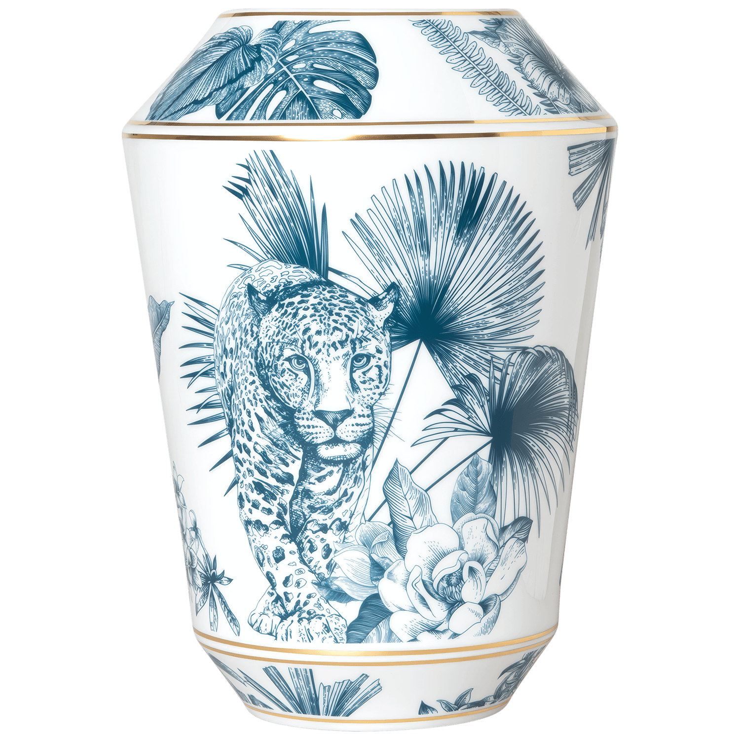 The Paraiso Blue Collection by Furstenberg features a white porcelain vase adorned with blue leopard and tropical motifs, accented with gold trim—an exquisite blend of fine craftsmanship and premium materials.