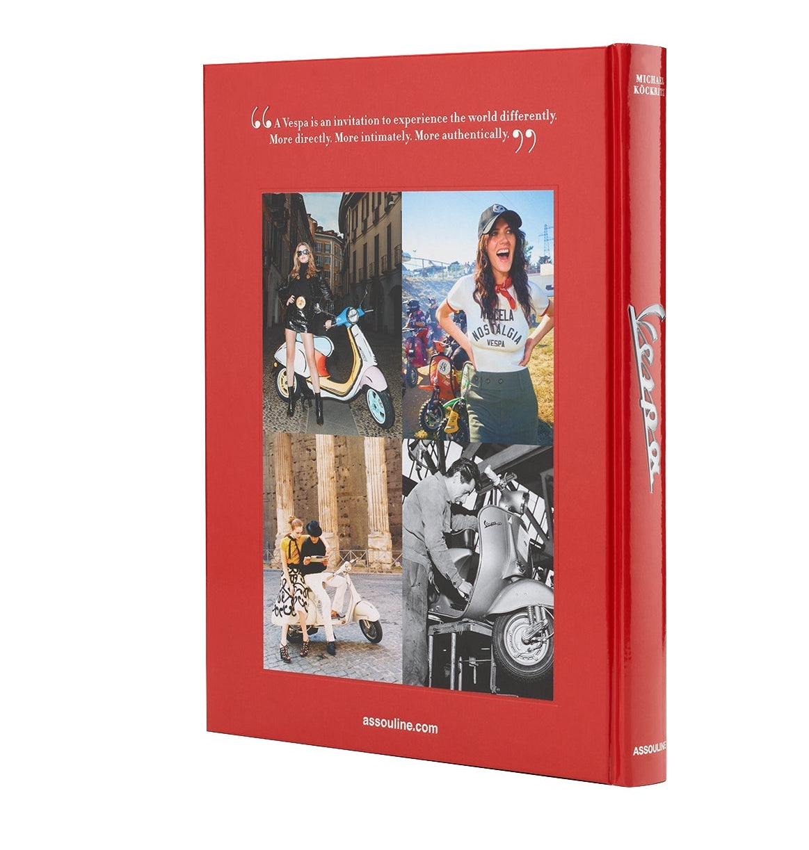 A hardcover book titled "Vespa" by Assouline, featuring a red cover adorned with four photographs of people with Vespa scooters that evoke Italian culture, includes a quote about experiencing the world differently and publisher details.