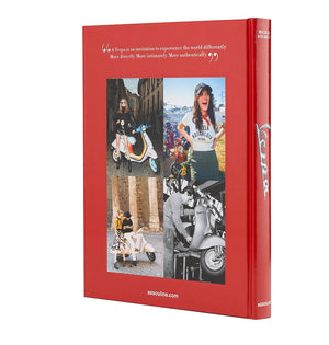 A hardcover book titled "Vespa" by Assouline, featuring a red cover adorned with four photographs of people with Vespa scooters that evoke Italian culture, includes a quote about experiencing the world differently and publisher details.
