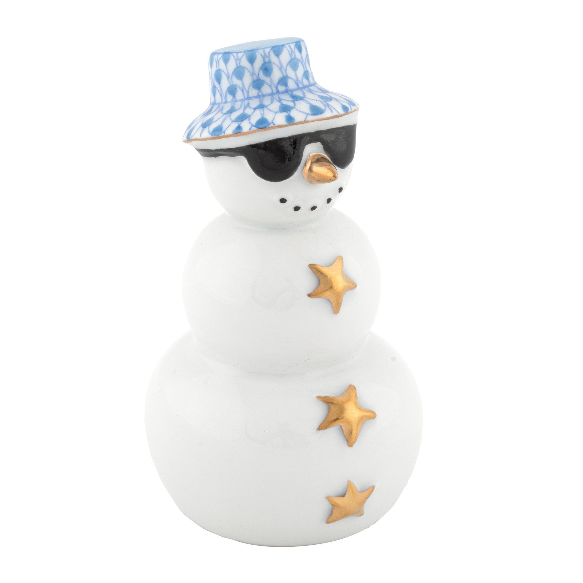 Herend’s “Tropical Snowman” is a porcelain figurine featuring gold star buttons, black sunglasses, and a blue-patterned hat—bringing whimsical charm to your holiday décor or beach-themed decorations.