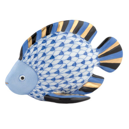 Herend Fish—porcelain figurine featuring blue and white scales, gold and black fin accents, and a simple eye detail. A collectible piece that brings timeless elegance as a decorative accent.