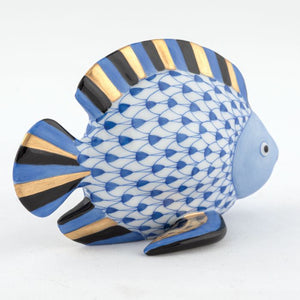 Herend Fish figurine: porcelain collectible with blue scales, black and gold accents on fins and tail, set on a white background—an elegant decorative accent for any display.