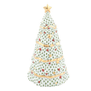 The Herend Reserve Collection Multicolor Christmas Tree features a green leaf pattern, gold garland, red ornaments, and a shimmering star topper.