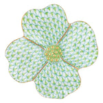 The Herend Dogwood Flower by Herend is a floral-shaped plate with hand-painted designs, featuring a green scale-like pattern, a yellow center, and elegant gold trim.