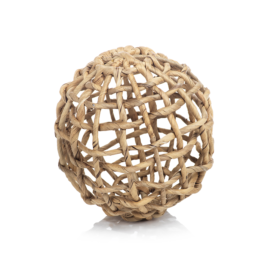 The Zodax Water Hyacinth Twisted Fill Ball Collection features spherical decor balls crafted from interwoven natural fibers, perfect for home or garden accents, and shown isolated on a white background.