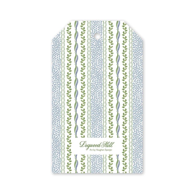 Christine’s Vine Gift Tags by Dogwood-Hill, featuring a vertical pattern of green vines and blue dots with brand text centered at the bottom.