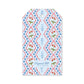 Lamia Damask Blue Gift Tags featuring a light blue background, a red scalloped lattice pattern, and small floral illustrations.