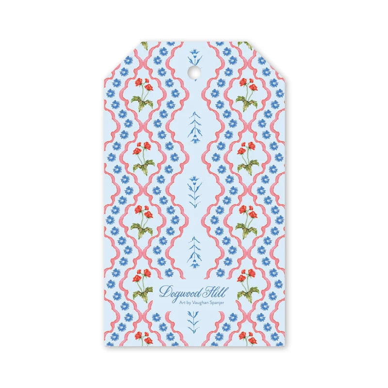 Lamia Damask Blue Gift Tags featuring a light blue background, a red scalloped lattice pattern, and small floral illustrations.