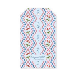Lamia Damask Blue Gift Tags featuring a light blue background, a red scalloped lattice pattern, and small floral illustrations.