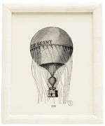 Black and white sketch of the "LE GEANT" hot air balloon, hand-etched detail and basket, displayed in a light wood Velden Frame Collection by Pigeon & Poodle—an elegant foyer accent capturing natural beauty.