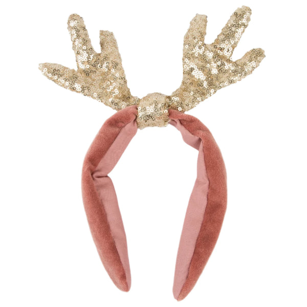 The Meri Meri Sequin & Velvet Antler Headband from Meri Meri features a pink velvet design embellished with sparkling gold sequins and graceful reindeer antlers.