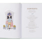 The open Vendome book "Manners Begin at Breakfast" shows a family of four at a door on the left and, on the right, a table of contents listing ten sections about children's manners.
