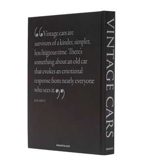 The Assouline "Vintage Cars (2nd Edition)" hardcover book showcases a quote about vintage cars by Ken Gross on its sleek black cover, making it an ideal addition for enthusiasts of automotive history and luxury photography.