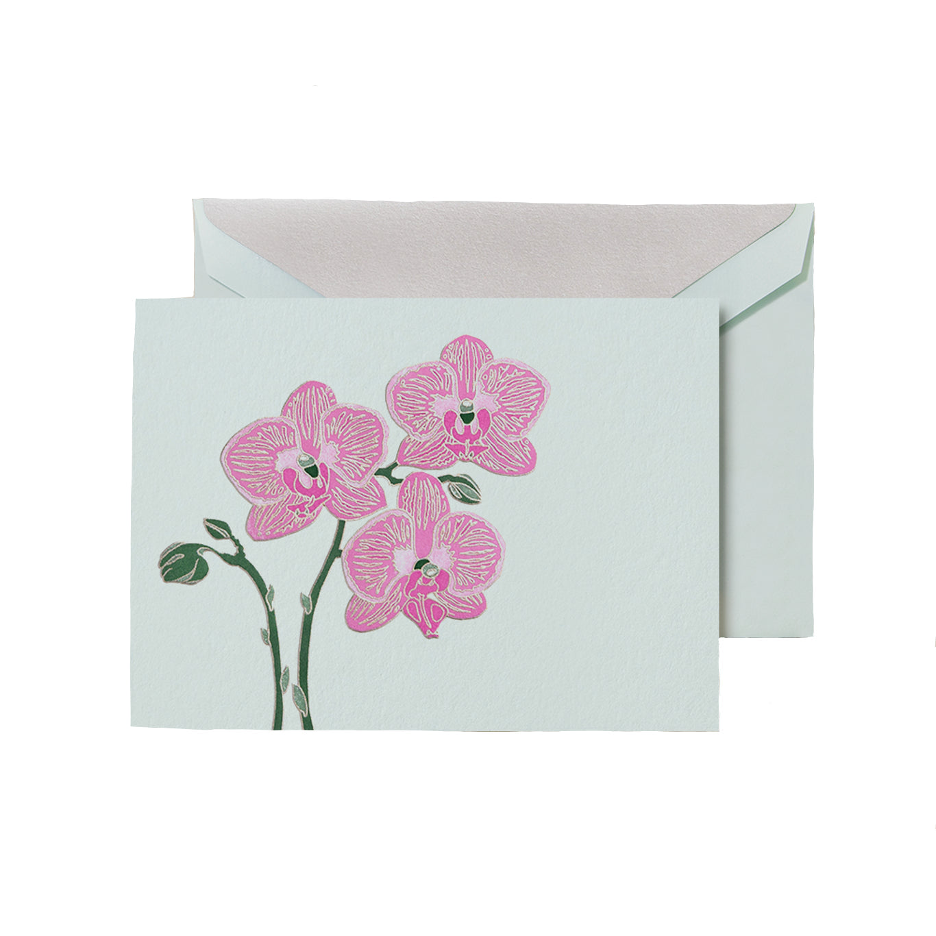 The Crane Violet Orchid Folded Card Set features an exotic orchid illustration on the front, matched with a light-colored envelope and printed on elegant Beach Glass paper.