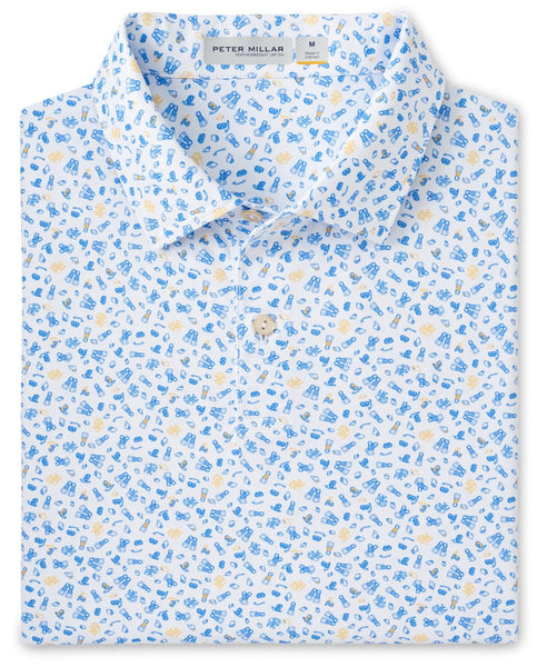 A folded men's Peter Millar Featherweight Sea For Yourself polo shirt with a blue and yellow patterned design, featuring UPF 50+ sun protection.