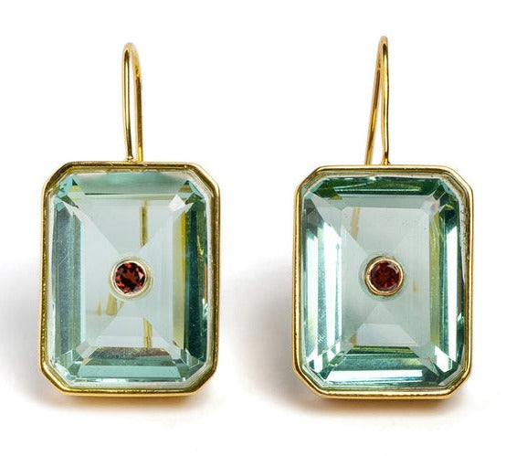 Pair of rectangular Lizzie Fortunato Tile Earrings with a central round garnet, set in gold-plated brass frames, shown against a white background.