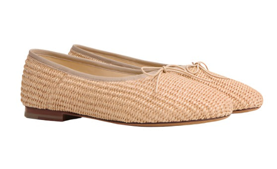 A pair of beige Mansur Gavriel Raffia Dream Ballerina women's loafers with laces, displayed against a white background.