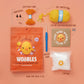 Flat lay of The Woobles Kiki the Chick Beginner Crochet Kit, featuring labeled items—including yarn, hook, needle, eyes, stuffing, instructions, and a resealable bag—on a peach background.
