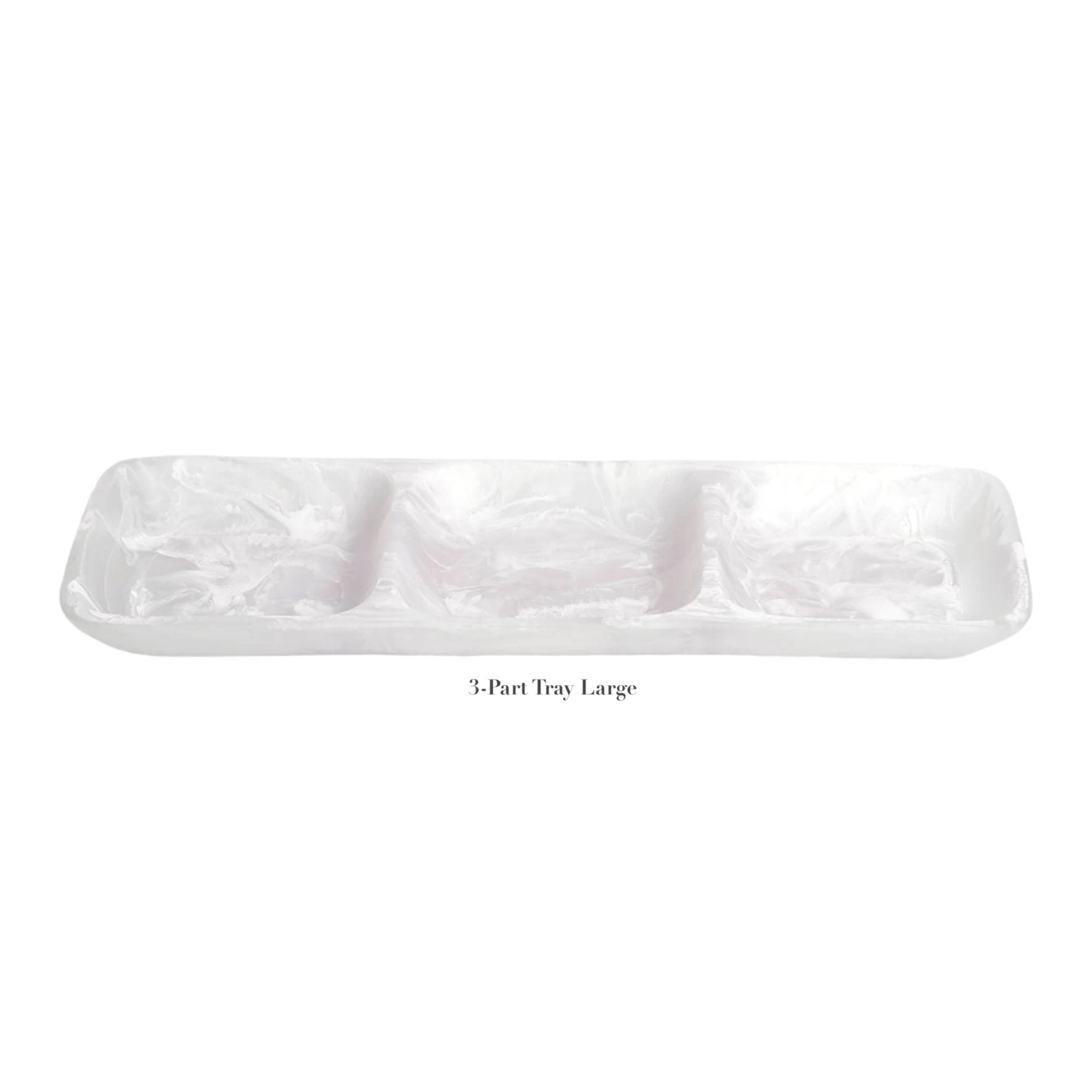 Part of the White Resin Serveware Collection by Nashi Home, this large rectangular white 3-part tray features a marbled pattern and three compartments—a stylish serving piece for home decor.