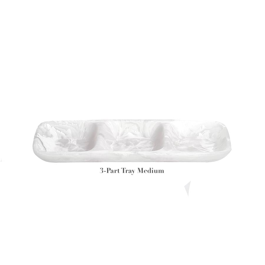 A medium-sized, rectangular white 3-part tray from the Nashi Home White Resin Serveware Collection features three compartments. Displayed on a plain white background, it's a versatile serving piece for stylish home decor. Text below: "3-Part Tray Medium".