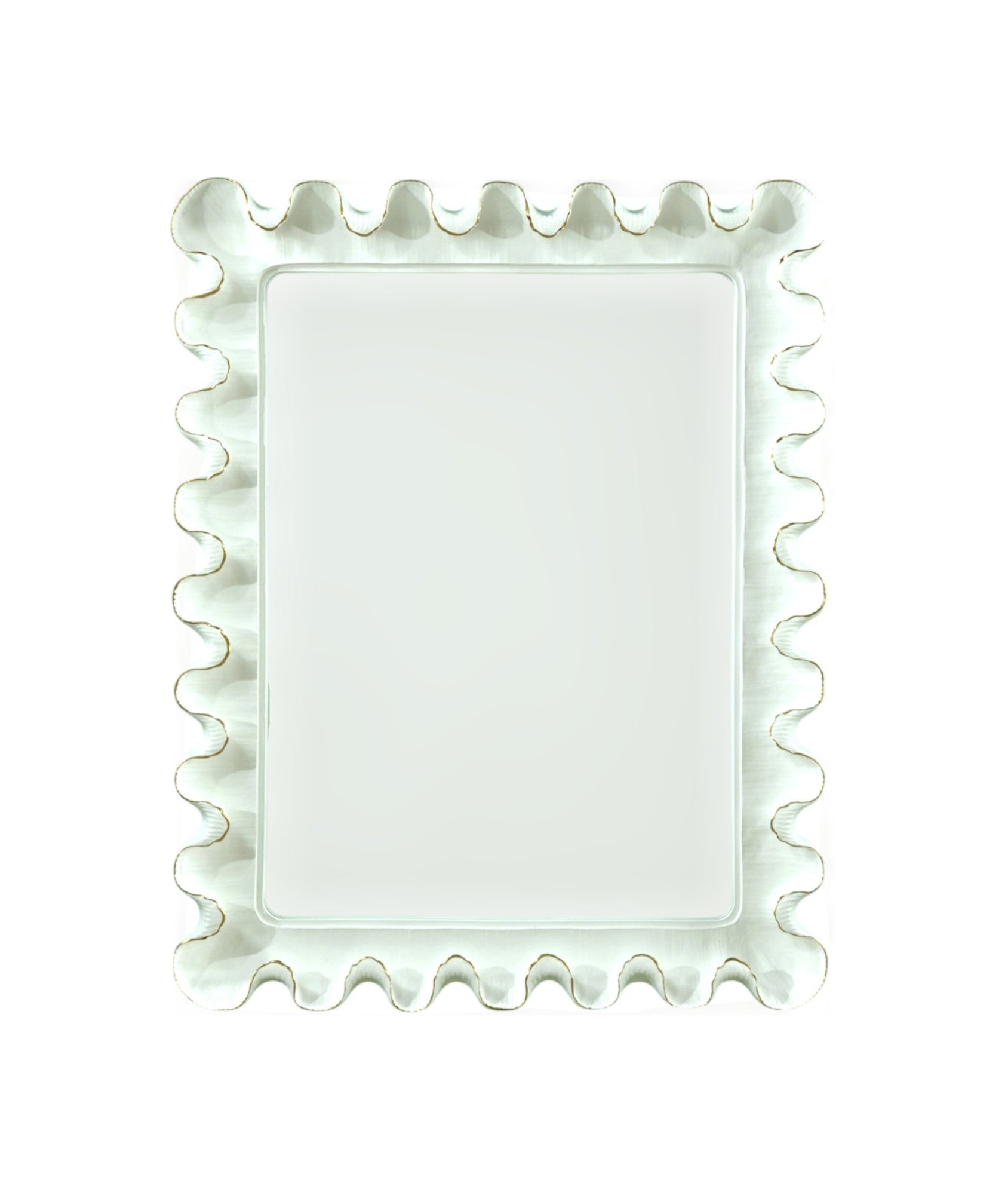 The Wave Moderne Mirror in White by Carvers' Guild features a rectangular beveled glass and a wavy, ruffled frame in an Art Deco style, displayed against a plain white background.