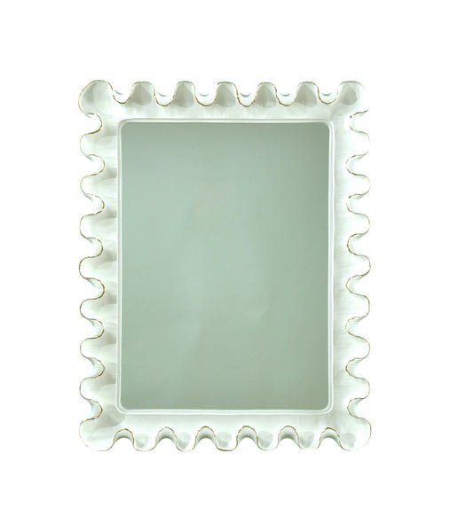 The Carvers' Guild Wave Moderne Mirror in White features a rectangular beveled glass with a wavy, ruffled white frame, shown against a plain white background.