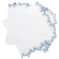 The Matouk Wave Tabletop Collection in Hazy Blue features OEKO-TEX certified white cloth napkins with wavy blue-stitched edges, neatly folded and overlapping—ideal for an elegant linen tabletop.