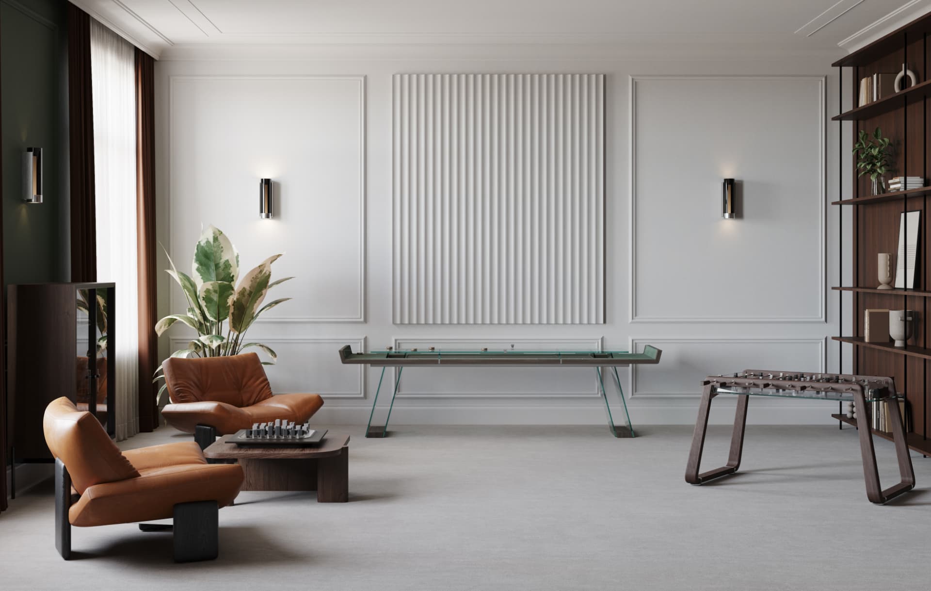 Modern living room with leather chairs, a small chess table, a large plant, wall paneling, open shelving, and the Scivolo Shuffleboard Game Table by Impatia—all reflecting exquisite Italian craftsmanship.