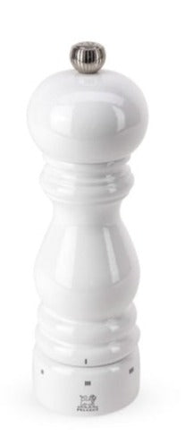 Peugeot White Salt and Pepper Lacquer Mill Collection with white lacquer finish isolated on a white background.