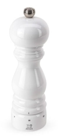 A Peugeot White Salt and Pepper Lacquer Mill Collection with a classic design and white lacquer finish, isolated on a white background.