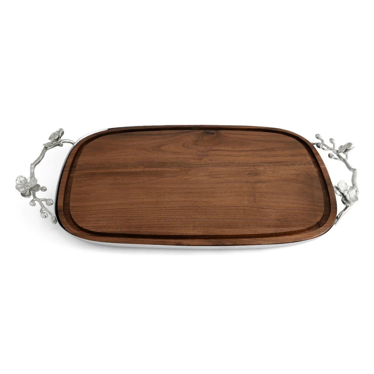 Rectangular wooden serving tray from the Michael Aram White Orchid Serveware Collection, featuring silver branch and flower handles that radiate purity against a white background.