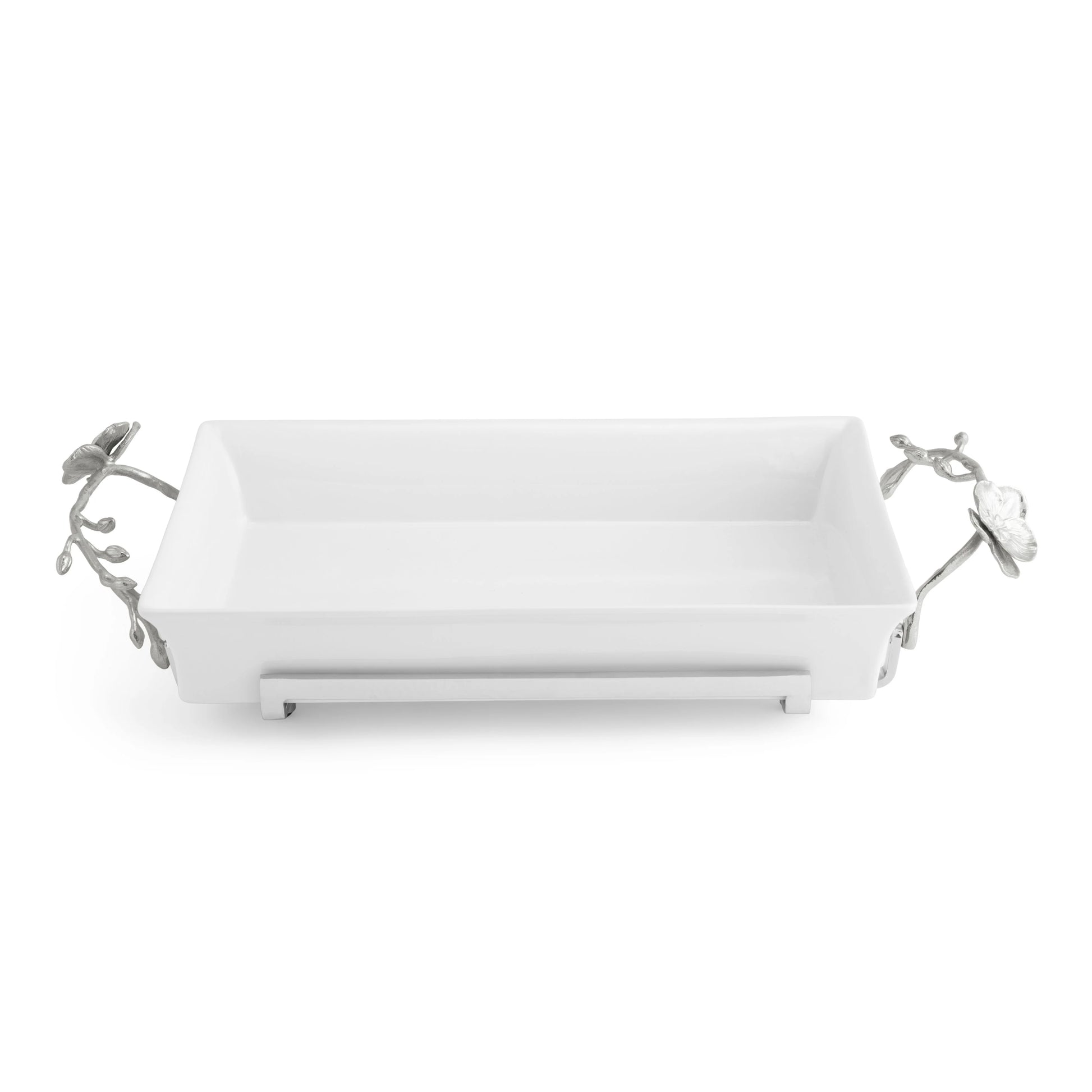 Rectangular white ceramic serving dish from the Michael Aram White Orchid Serveware Collection, featuring metal handles with floral and leaf motifs—an elegant accent that brings purity and intrigue to your table.