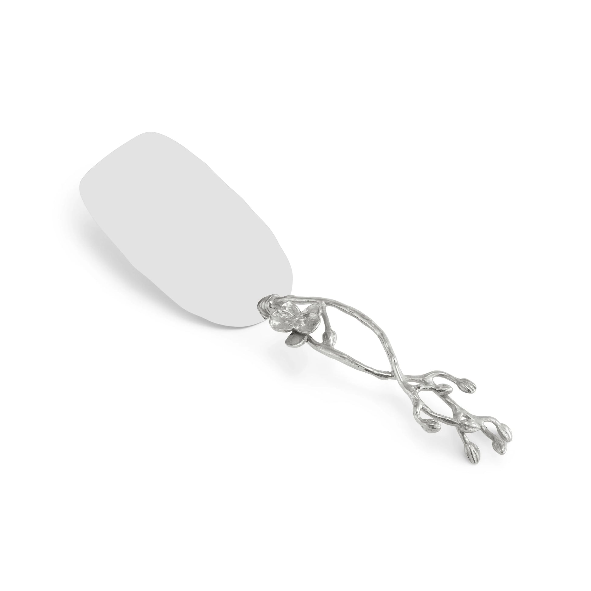 A silver cake server with a flat blade and an ornate floral branch handle from the Michael Aram White Orchid Serveware Collection, combining elegance and purity.