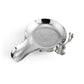 The Michael Aram White Orchid Serveware Collection includes a shiny, hammered silver spoon rest with a flower and branch detail on one side, evoking purity and elegance. Shown on a white background.