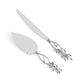 A silver cake knife and server set from Michael Aram's White Orchid Serveware Collection featuring decorative, floral-patterned handles, displayed on a white background.