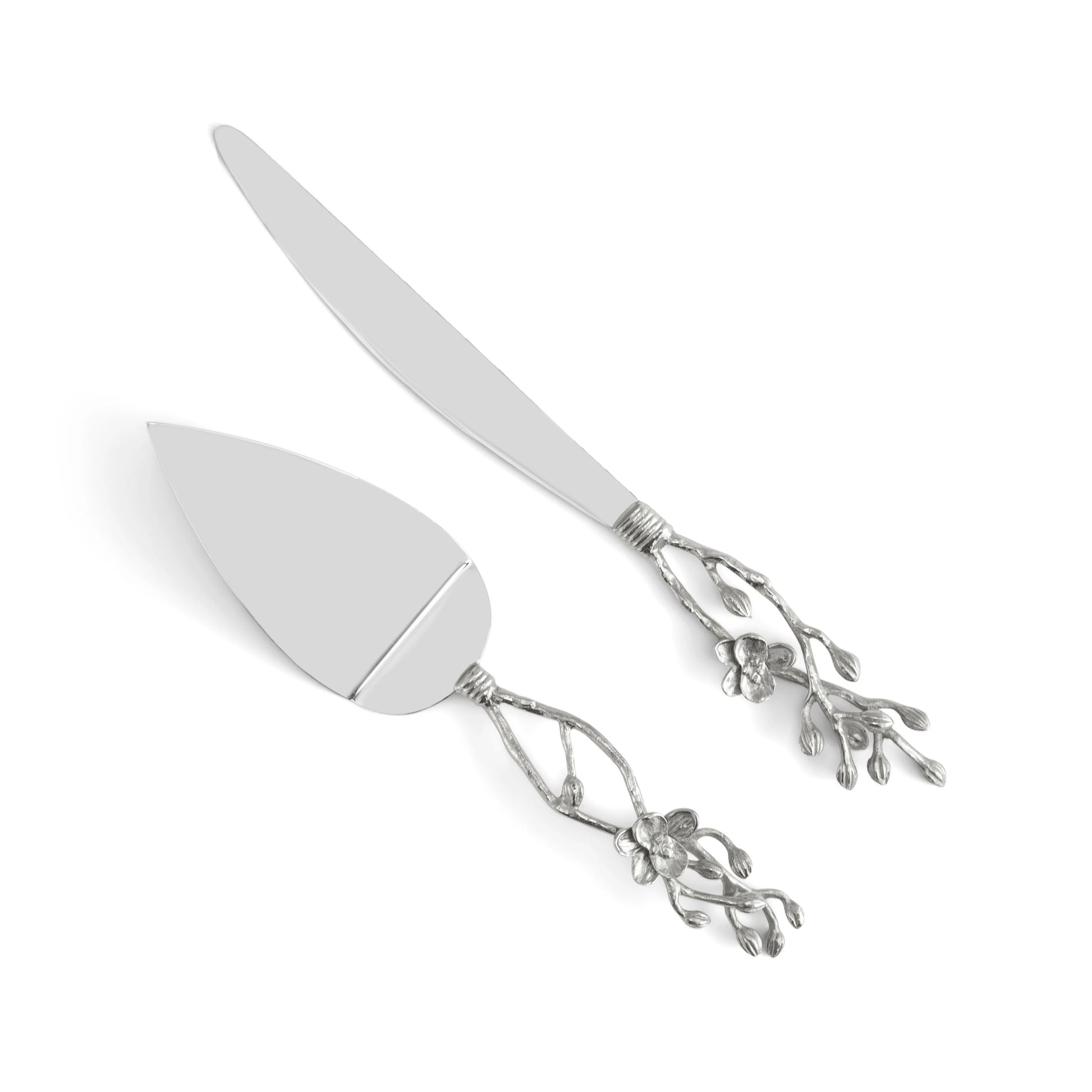A silver cake knife and server set from Michael Aram's White Orchid Serveware Collection featuring decorative, floral-patterned handles, displayed on a white background.
