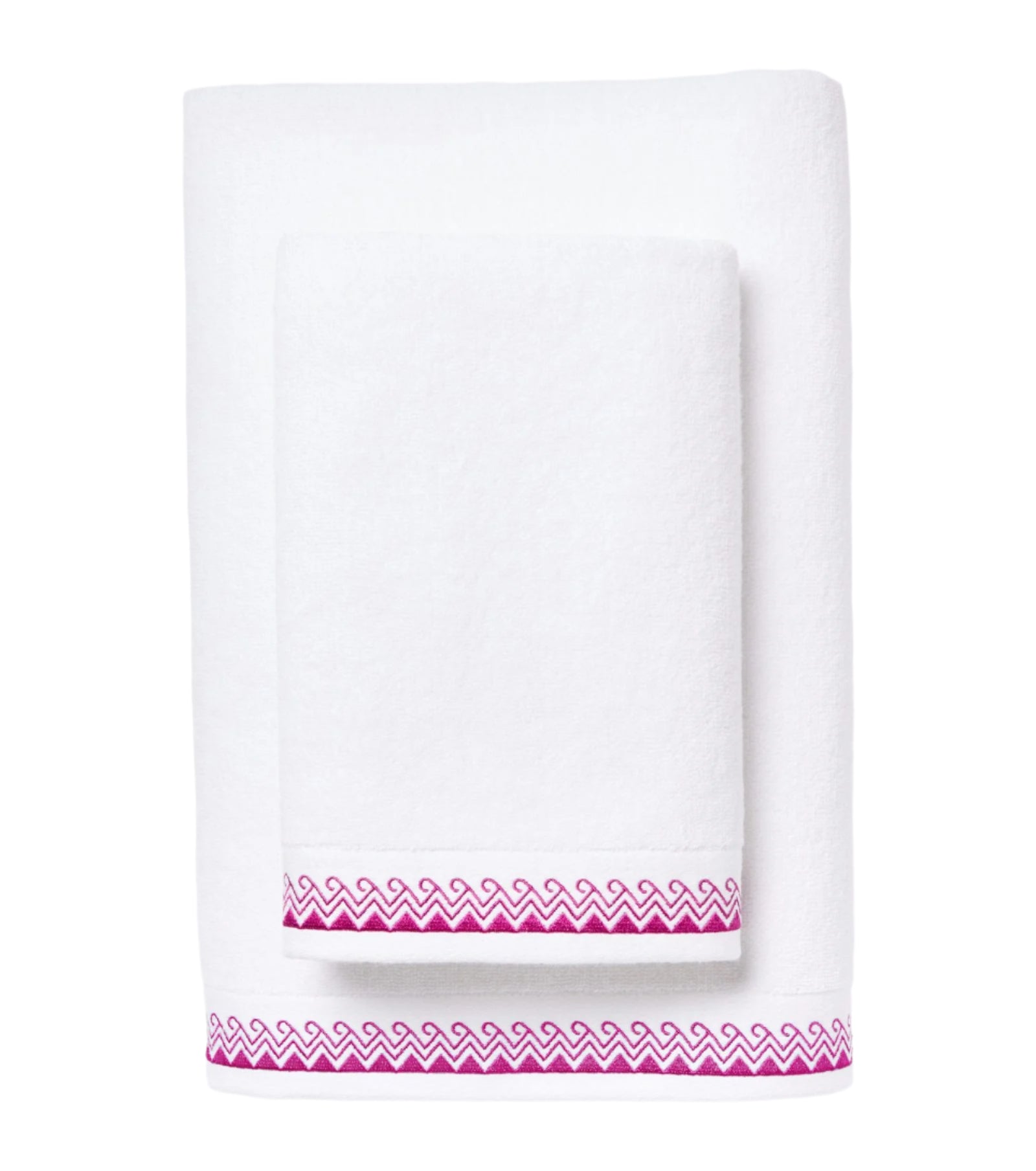 Two white hand and bath towels from the Averylily Wind and Wave Bath Collection, made with Aegean cotton, feature a pink zigzag border. One is folded atop the other against a white background. OEKO-TEX Certified for safety and comfort.