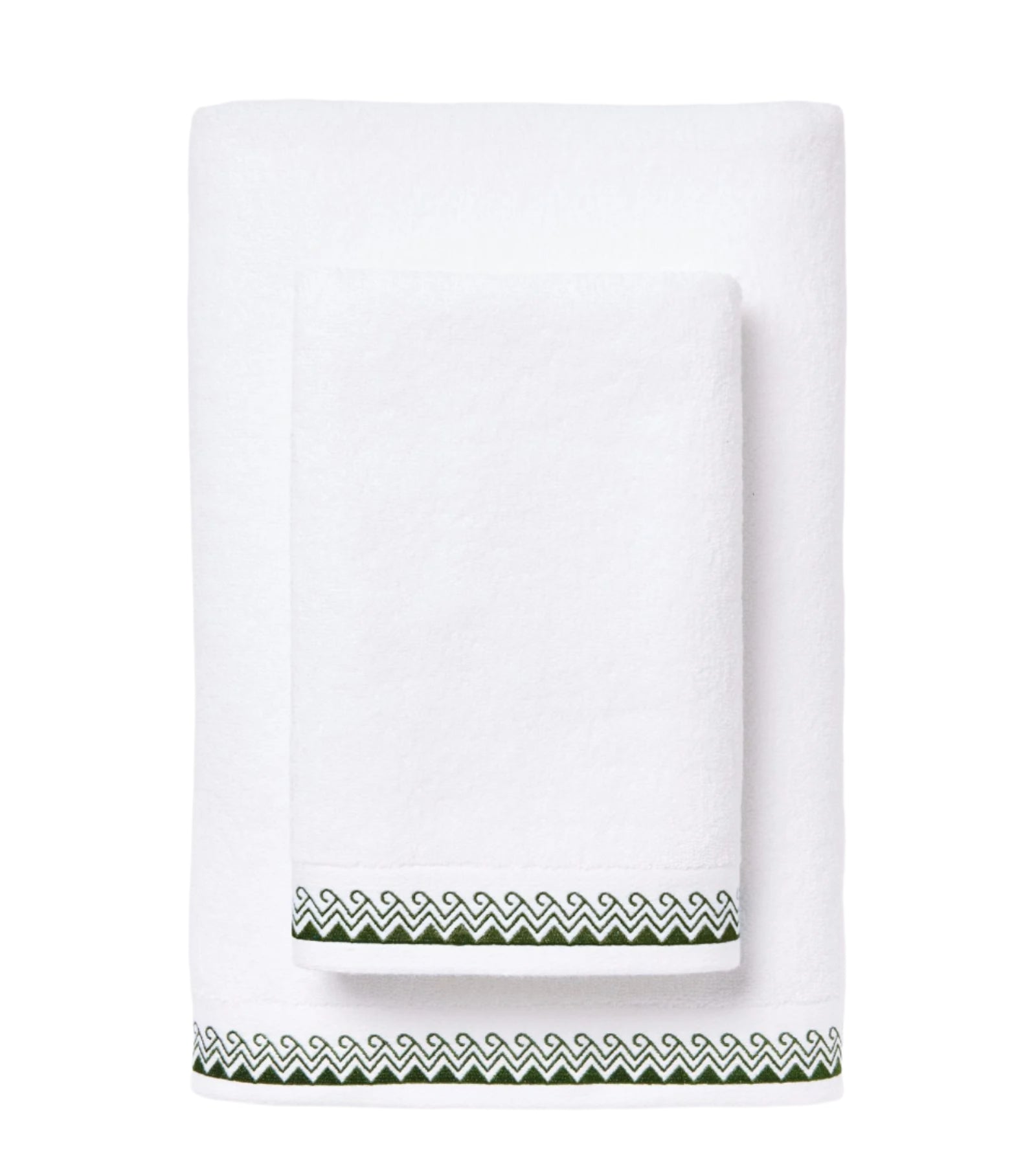 Two folded white towels from the Averylily Wind and Wave Bath Collection, made of Aegean cotton and featuring a green geometric border, are stacked on a white background. OEKO-TEX Certified for quality and comfort.