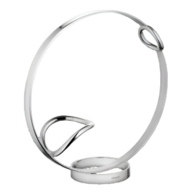 A minimalist silver sculpture in Andrée Putman's style, featuring a circular frame with two leaf shapes—ideal for oenophiles who value art as refined as Christofle's Vertigo Wine Server.