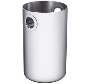 The Christofle Oh de Christofle Wine Bucket, a stainless steel piece from the Oh! collection, features a sleek cylindrical design with smooth surfaces and two circular handle cutouts, making it the perfect home bar essential.