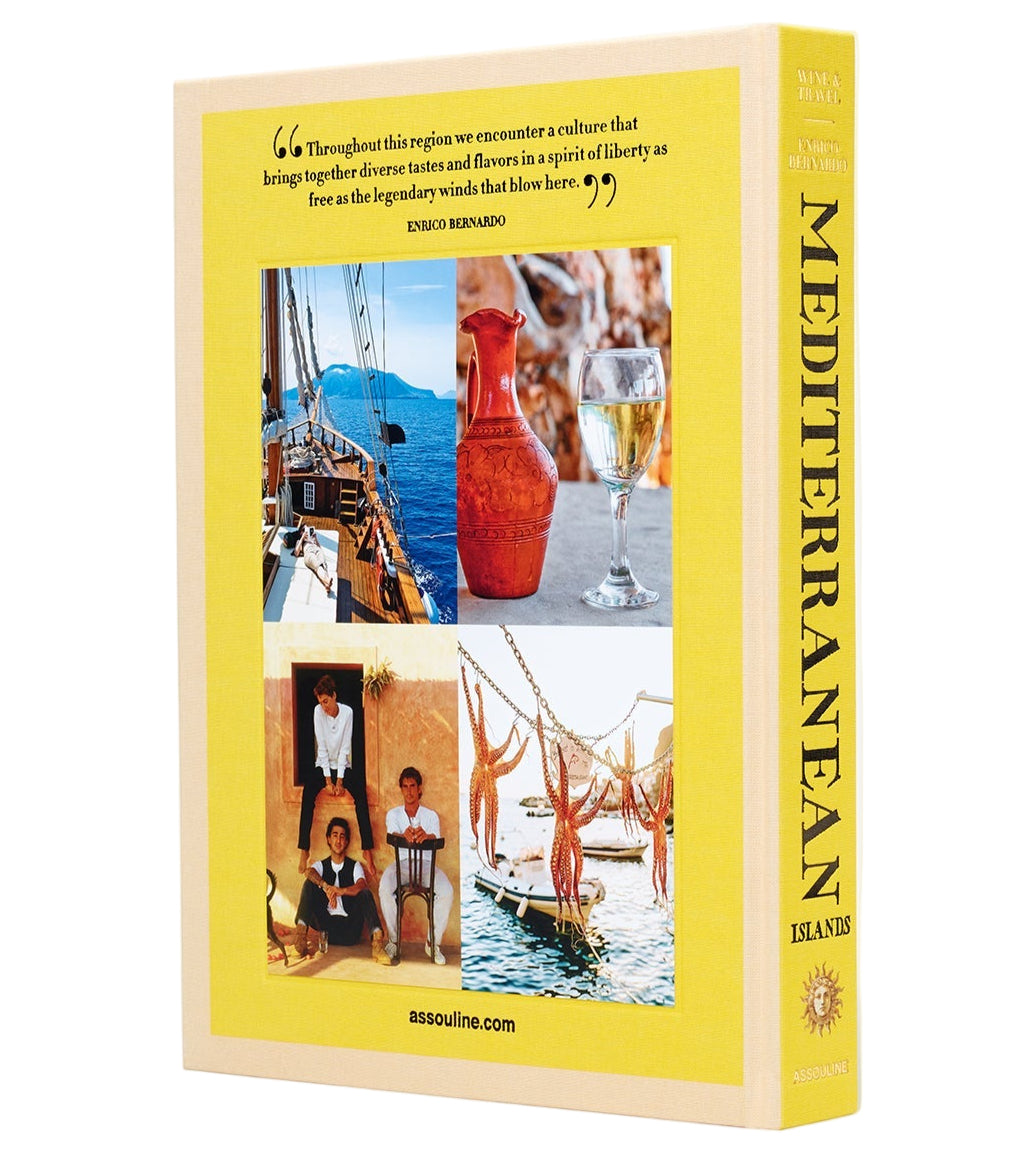 The back cover of "Wine & Travel Mediterranean Islands" by Assouline displays a quote, the title on the spine, and photos of a boat, pottery, family, drying fish, and bottles of Assyrtiko and Sicilian wine celebrating island wines.