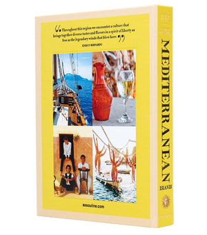 The back cover of "Wine & Travel Mediterranean Islands" by Assouline displays a quote, the title on the spine, and photos of a boat, pottery, family, drying fish, and bottles of Assyrtiko and Sicilian wine celebrating island wines.