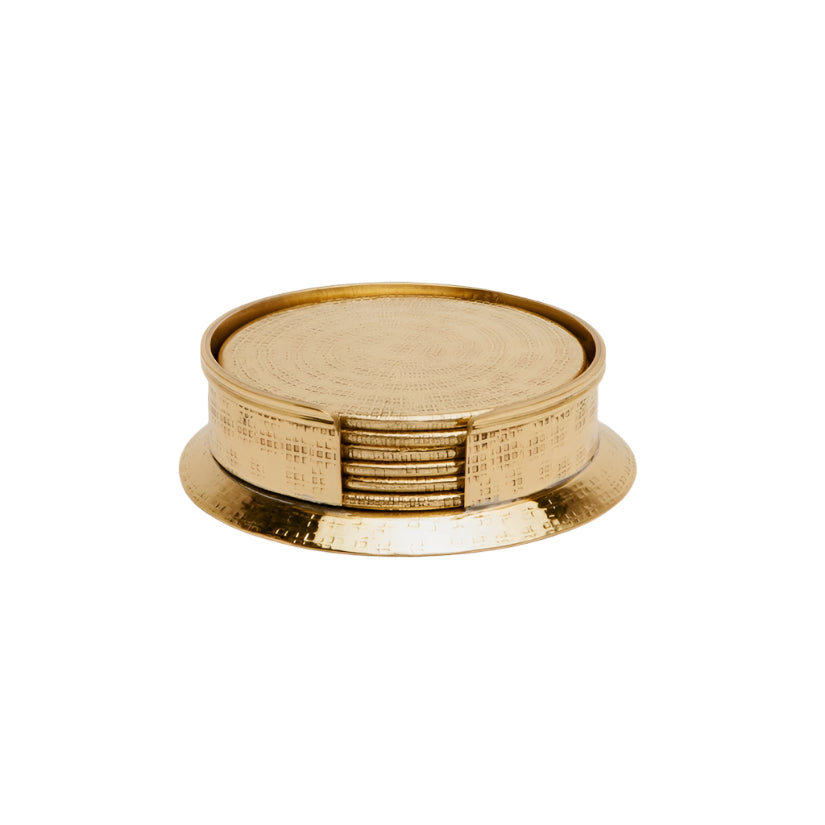 Blue Pheasant Winsford Barware - Shiny Brass: round, gold-tone metal coasters with crisscross etching, stacked in a matching holder on white—ideal for a modern bar.
