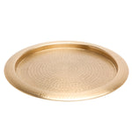 The Winsford Brass Barware Collection by Blue Pheasant features a round gold tray with a crisscross-etched texture and raised rim—ideal for adding modern bar style to any setting.